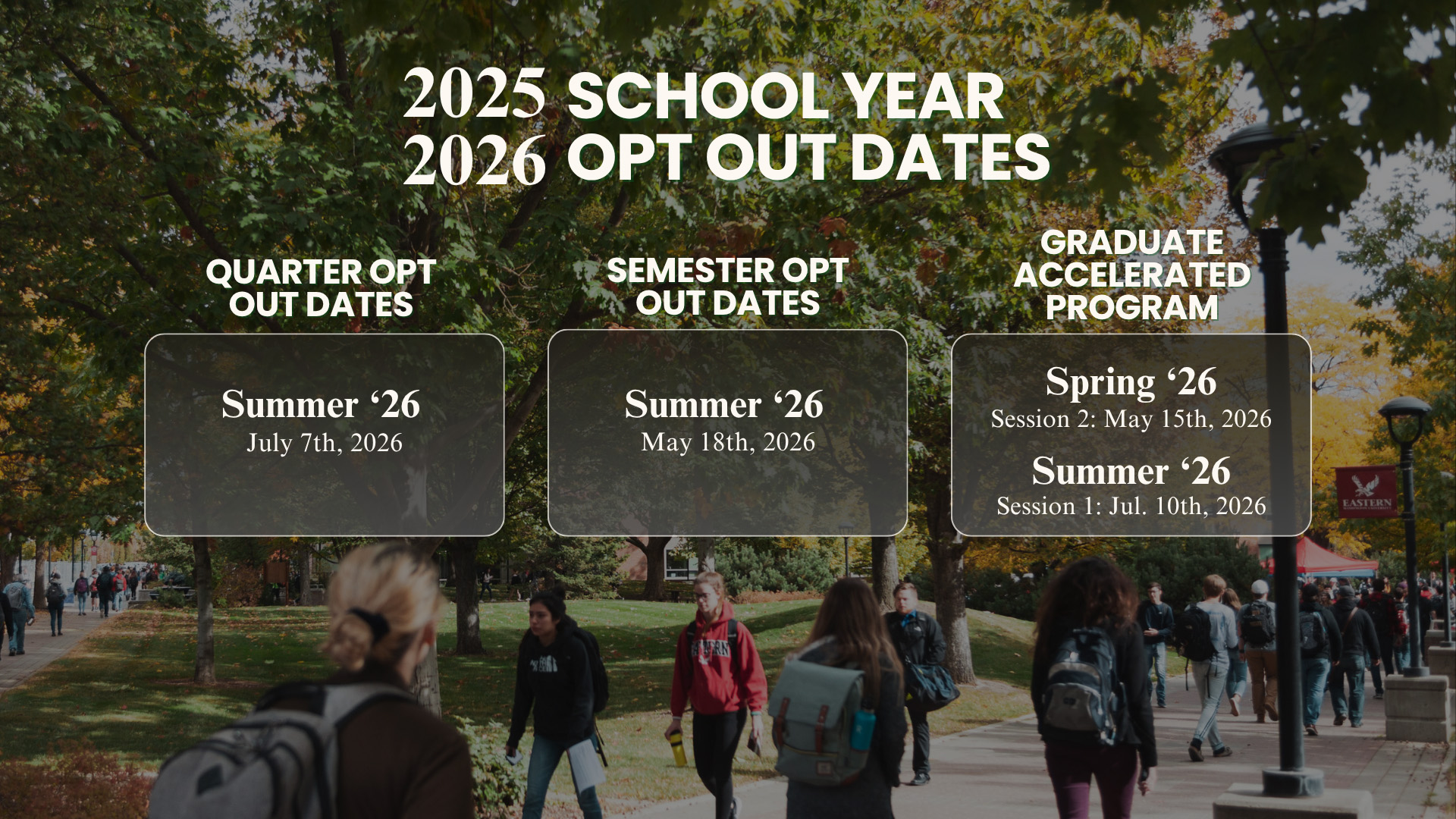 2025-2026 opt-out dates. Quarter Students: Summer 2026 - Jul. 7, 2026. Semester Students: Summer 2026 - May 18, 2026. Graduate Accelerated Program Students: Spring 2026 session 2 - May 15, 2026. Summer 2026 session 1 - Jul. 10, 2026. 